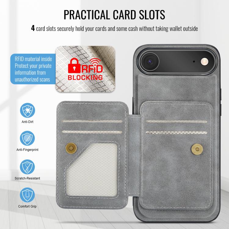 For iPhone 17 Air Fierre Shann Oil Wax Cow Leather Card Holder Back Phone Case(Grey) - iPhone 17 Air Cases by FIERRE SHANN | Online Shopping UK | buy2fix