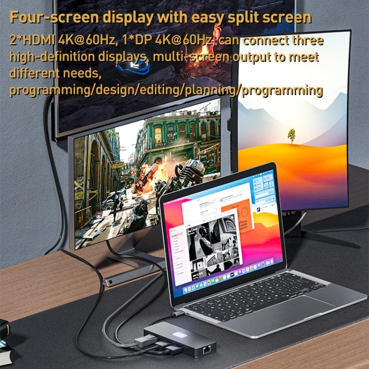 BYL-2401 8 in 1 Type-C to PD100W + USB3.0 + HDMI + DP + RJ45 HUB Docking Station(Space Grey) by buy2fix