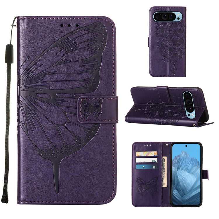 For Google Pixel 9 Embossed Butterfly Leather Phone Case(Dark Purple) by buy2fix
