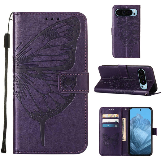 For Google Pixel 9 Embossed Butterfly Leather Phone Case(Dark Purple) by buy2fix