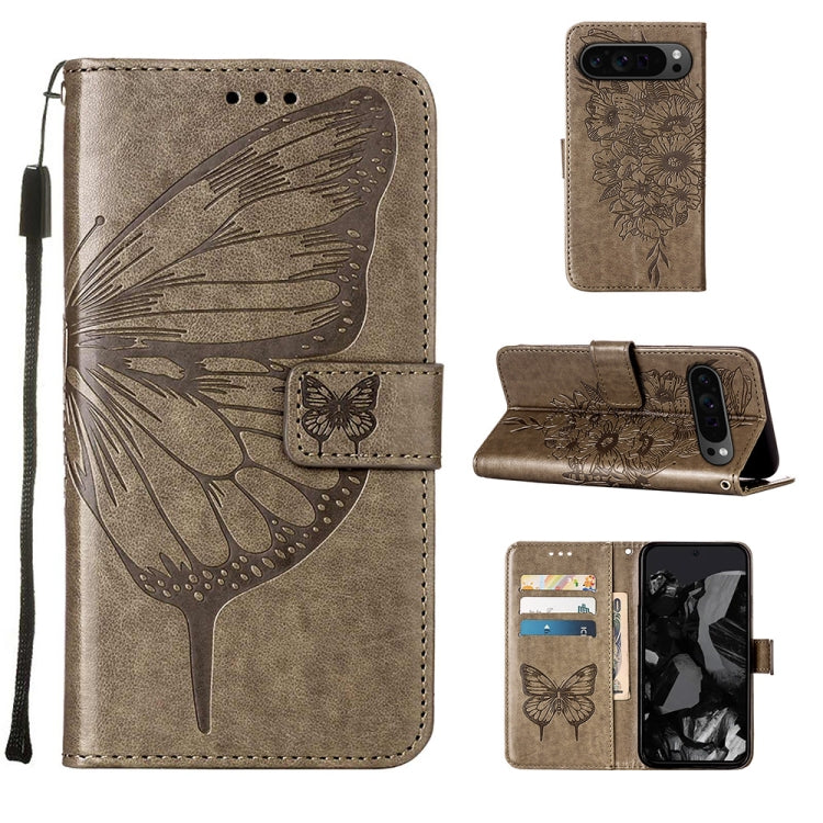 For Google Pixel 9 Pro Embossed Butterfly Leather Phone Case(Grey) by buy2fix