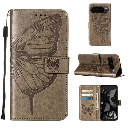 For Google Pixel 9 Pro Embossed Butterfly Leather Phone Case(Grey) by buy2fix