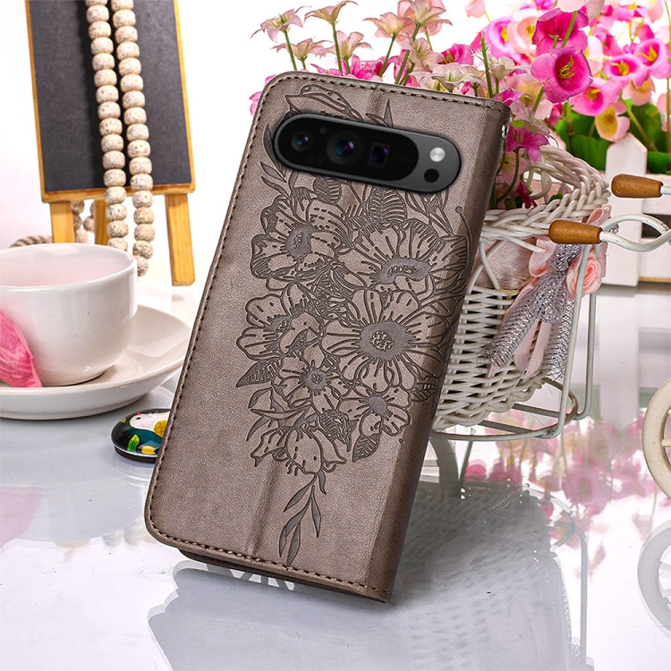 For Google Pixel 9 Pro Embossed Butterfly Leather Phone Case(Grey) by buy2fix