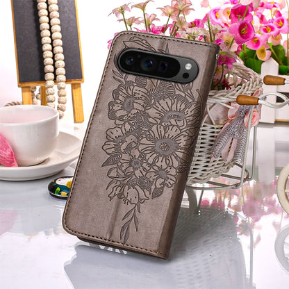 For Google Pixel 9 Pro Embossed Butterfly Leather Phone Case(Grey) by buy2fix