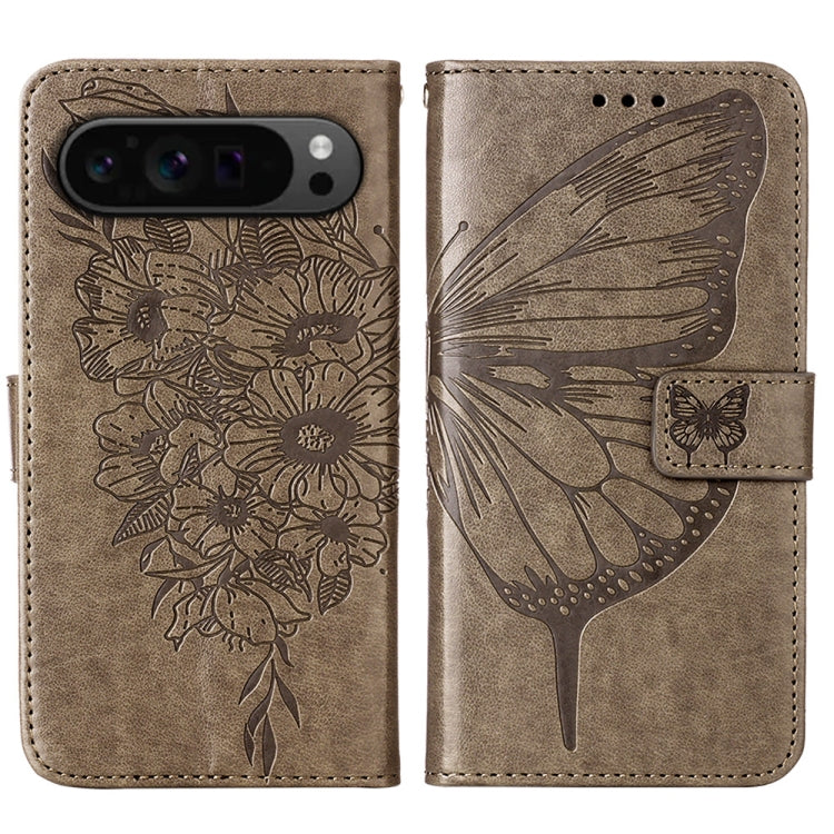 For Google Pixel 9 Pro Embossed Butterfly Leather Phone Case(Grey) by buy2fix