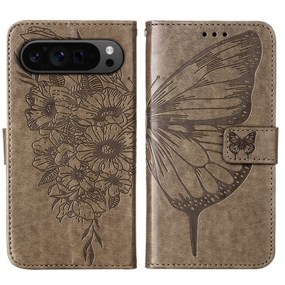 For Google Pixel 9 Pro Embossed Butterfly Leather Phone Case(Grey) by buy2fix