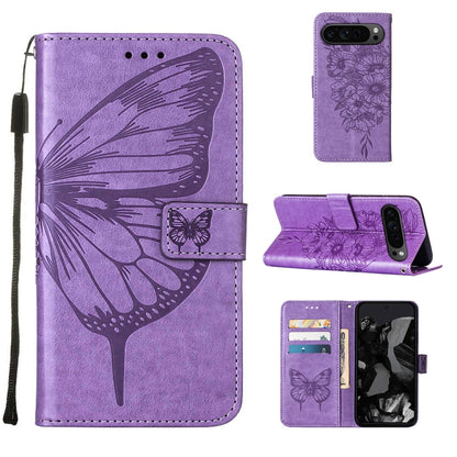 For Google Pixel 9 Pro Embossed Butterfly Leather Phone Case(Purple) by buy2fix