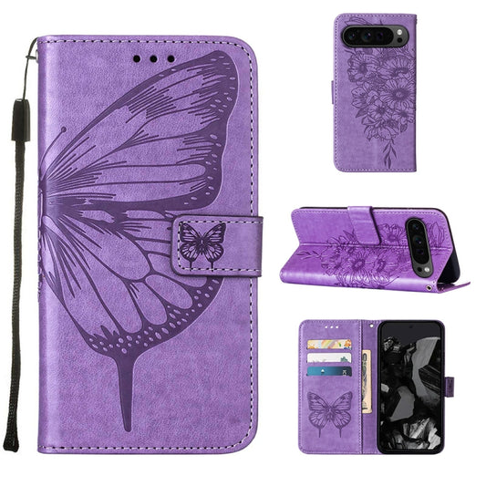 For Google Pixel 9 Pro Embossed Butterfly Leather Phone Case(Purple) by buy2fix