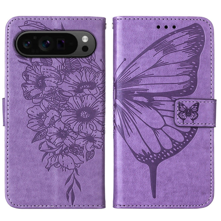 For Google Pixel 9 Pro Embossed Butterfly Leather Phone Case(Purple) by buy2fix