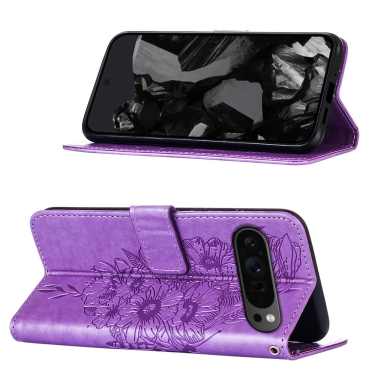 For Google Pixel 9 Pro Embossed Butterfly Leather Phone Case(Purple) by buy2fix