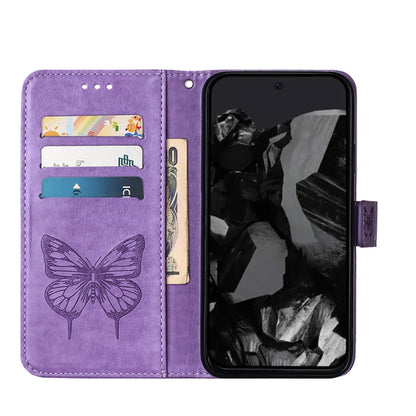For Google Pixel 9 Pro Embossed Butterfly Leather Phone Case(Purple) by buy2fix