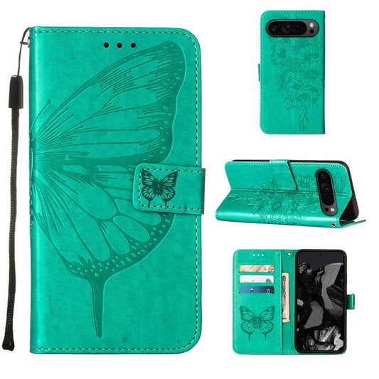 For Google Pixel 9 Pro Embossed Butterfly Leather Phone Case(Green) by buy2fix