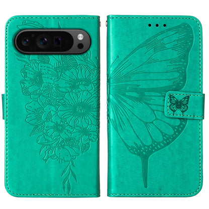 For Google Pixel 9 Pro Embossed Butterfly Leather Phone Case(Green) by buy2fix