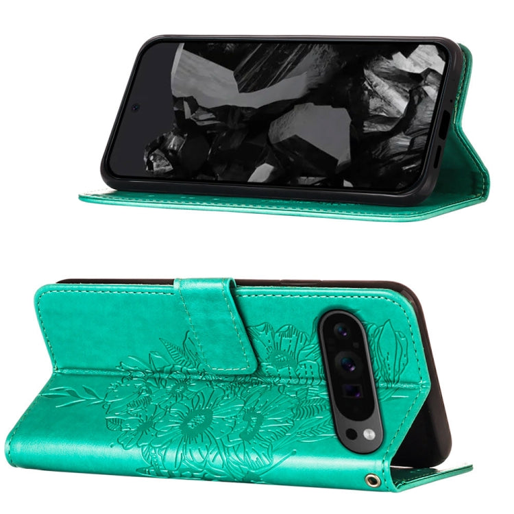 For Google Pixel 9 Pro Embossed Butterfly Leather Phone Case(Green) by buy2fix