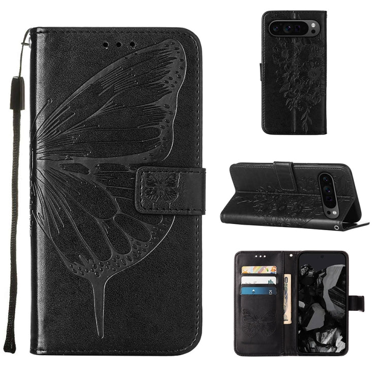 For Google Pixel 9 Pro Embossed Butterfly Leather Phone Case(Black) by buy2fix