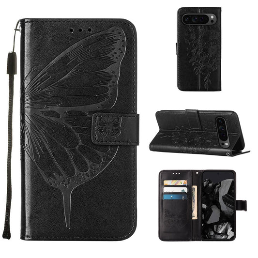 For Google Pixel 9 Pro Embossed Butterfly Leather Phone Case(Black) by buy2fix