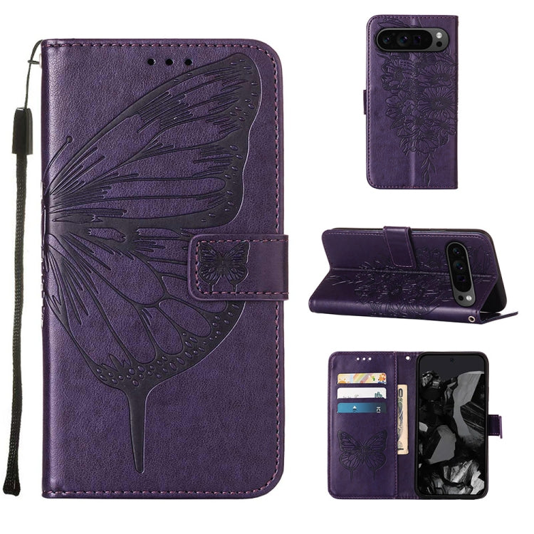 For Google Pixel 9 Pro Embossed Butterfly Leather Phone Case(Dark Purple) by buy2fix