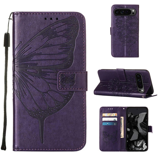 For Google Pixel 9 Pro Embossed Butterfly Leather Phone Case(Dark Purple) by buy2fix