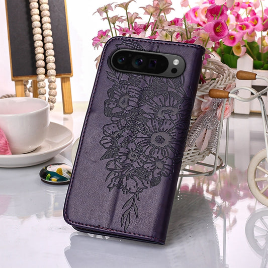 For Google Pixel 9 Pro Embossed Butterfly Leather Phone Case(Dark Purple) by buy2fix