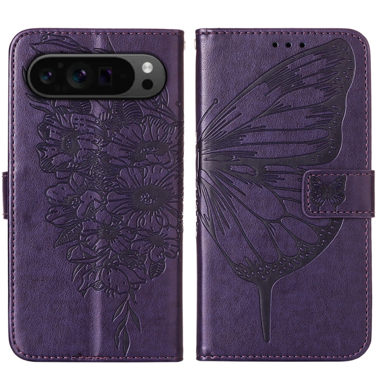For Google Pixel 9 Pro Embossed Butterfly Leather Phone Case(Dark Purple) by buy2fix