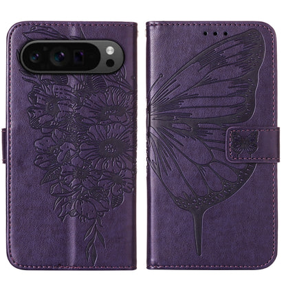 For Google Pixel 9 Pro Embossed Butterfly Leather Phone Case(Dark Purple) by buy2fix