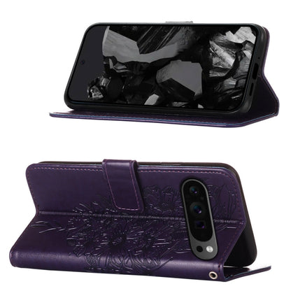 For Google Pixel 9 Pro Embossed Butterfly Leather Phone Case(Dark Purple) by buy2fix