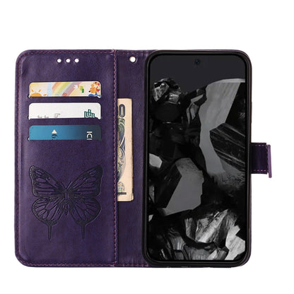 For Google Pixel 9 Pro Embossed Butterfly Leather Phone Case(Dark Purple) by buy2fix