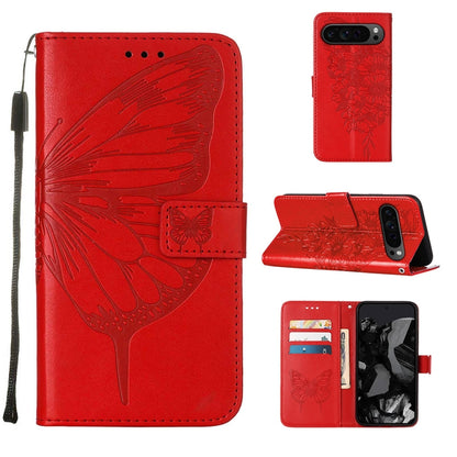 For Google Pixel 9 Pro Embossed Butterfly Leather Phone Case(Red) by buy2fix
