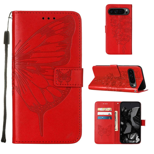 For Google Pixel 9 Pro Embossed Butterfly Leather Phone Case(Red) by buy2fix