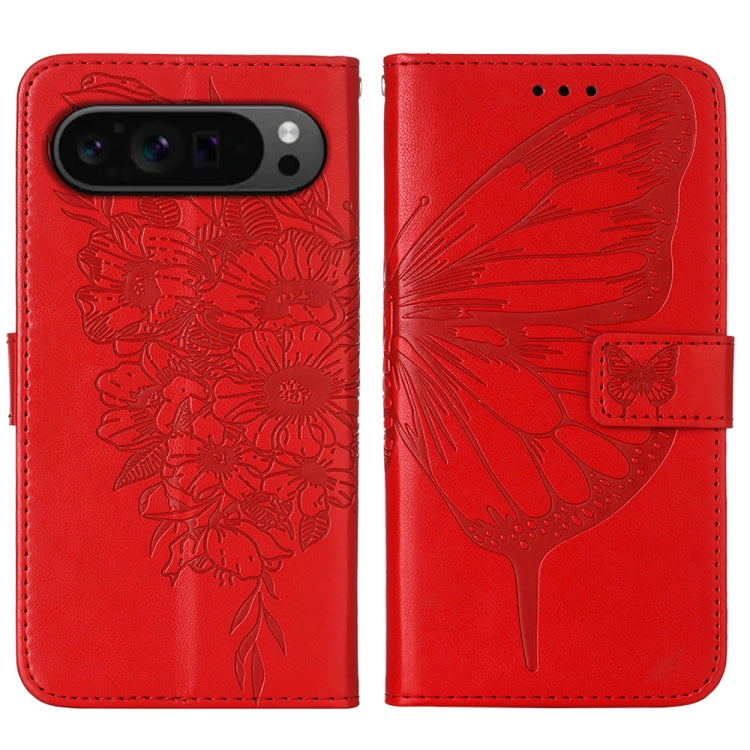 For Google Pixel 9 Pro Embossed Butterfly Leather Phone Case(Red) by buy2fix