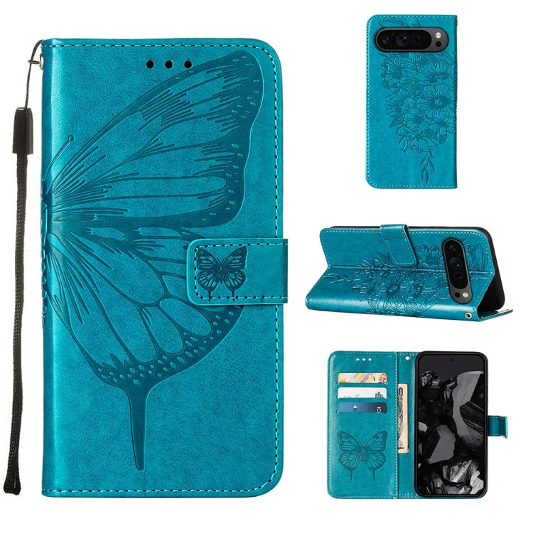 For Google Pixel 9 Pro Embossed Butterfly Leather Phone Case(Blue) by buy2fix