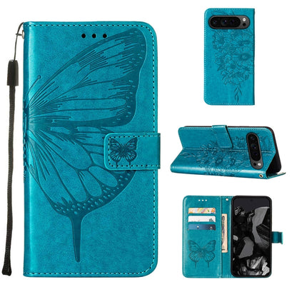 For Google Pixel 9 Pro Embossed Butterfly Leather Phone Case(Blue) by buy2fix