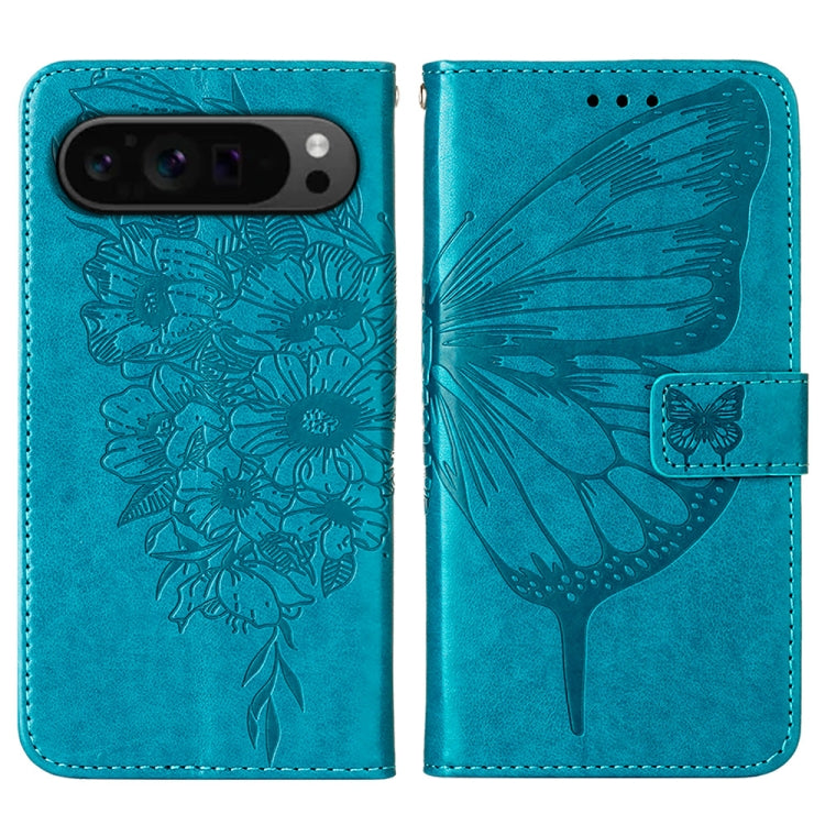 For Google Pixel 9 Pro Embossed Butterfly Leather Phone Case(Blue) by buy2fix