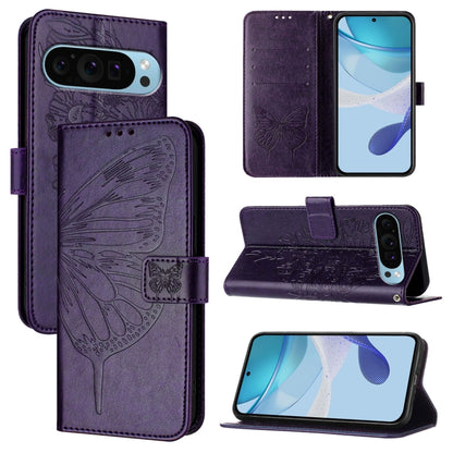 For Google Pixel 9 Pro XL Embossed Butterfly Leather Phone Case(Dark Purple) by buy2fix