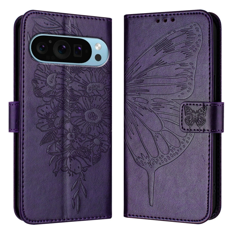 For Google Pixel 9 Pro XL Embossed Butterfly Leather Phone Case(Dark Purple) by buy2fix