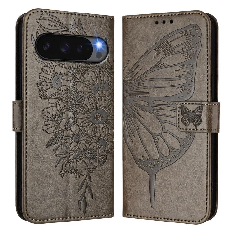 For Google Pixel 10 Pro XL Embossed Butterfly Leather Phone Case(Grey) - Google Cases by buy2fix | Online Shopping UK | buy2fix