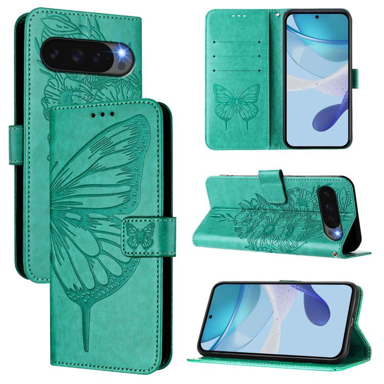 For Google Pixel 10 Pro XL Embossed Butterfly Leather Phone Case(Green) - Google Cases by buy2fix | Online Shopping UK | buy2fix