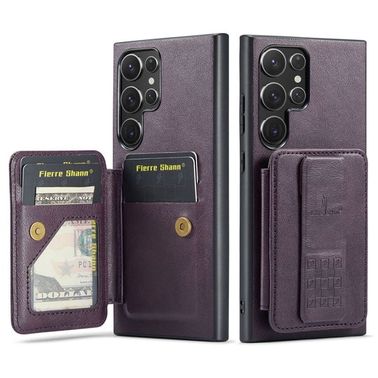 For Samsung Galaxy S24 Ultra 5G Fierre Shann Oil Wax Cow Leather Card Holder Back Phone Case(Purple)