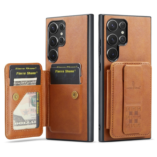 For Samsung Galaxy S23 Ultra 5G Fierre Shann Oil Wax Cow Leather Card Holder Back Phone Case(Brown)