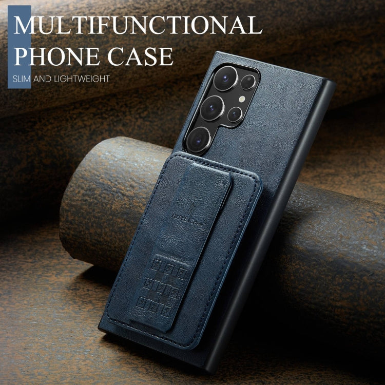 For Samsung Galaxy S22 Ultra 5G Fierre Shann Oil Wax Cow Leather Card Holder Back Phone Case(Blue) by FIERRE SHANN