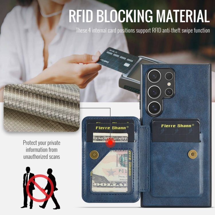 For Samsung Galaxy S22 Ultra 5G Fierre Shann Oil Wax Cow Leather Card Holder Back Phone Case(Blue) by FIERRE SHANN