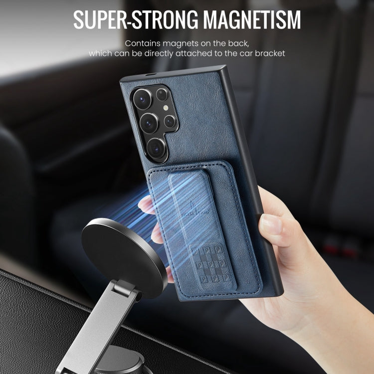 For Samsung Galaxy S22 Ultra 5G Fierre Shann Oil Wax Cow Leather Card Holder Back Phone Case(Blue) by FIERRE SHANN