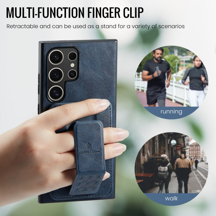 For Samsung Galaxy S22 Ultra 5G Fierre Shann Oil Wax Cow Leather Card Holder Back Phone Case(Blue) by FIERRE SHANN