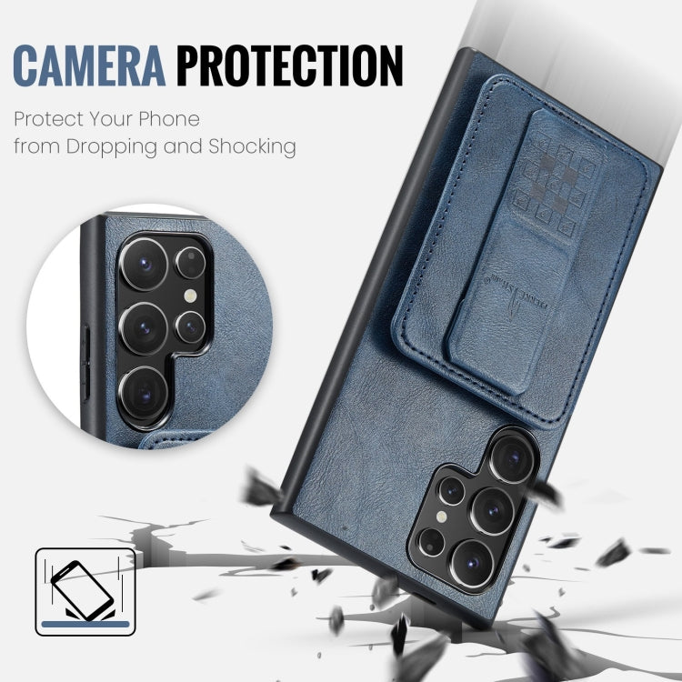 For Samsung Galaxy S22 Ultra 5G Fierre Shann Oil Wax Cow Leather Card Holder Back Phone Case(Blue) by FIERRE SHANN