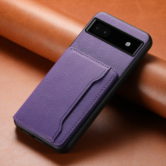 For Google Pixel 6a Calf Texture Card Bag Design Full Coverage Phone Case(Purple) by buy2fix