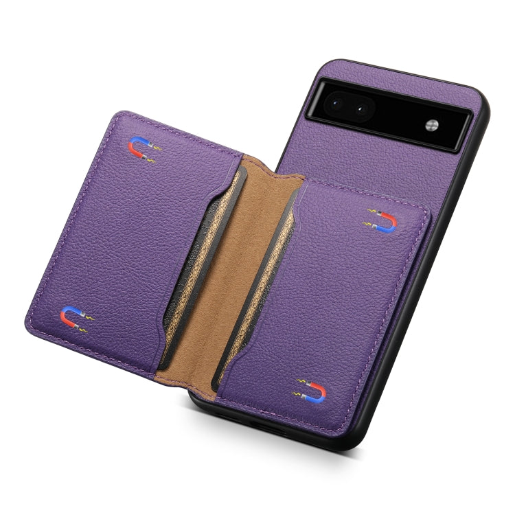 For Google Pixel 6a Calf Texture Card Bag Design Full Coverage Phone Case(Purple) by buy2fix
