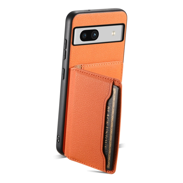For Google Pixel 7a Calf Texture Card Bag Design Full Coverage Phone Case(Orange) by buy2fix