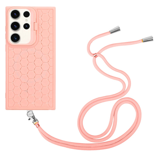 For Samsung Galaxy S23 Ultra 5G Honeycomb Radiating Lens Holder Magsafe Phone Case with Lanyard(Pink) - Galaxy S23 Ultra 5G Cases by buy2fix | Online Shopping UK | buy2fix