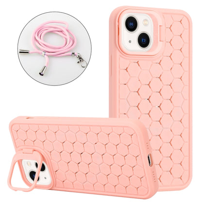 For iPhone 14 Honeycomb Radiating Lens Holder Magsafe Phone Case with Lanyard(Pink) by buy2fix