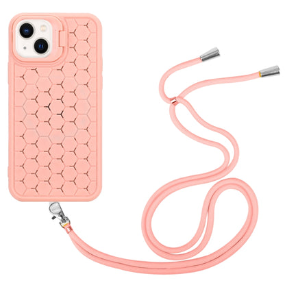 For iPhone 14 Honeycomb Radiating Lens Holder Magsafe Phone Case with Lanyard(Pink) by buy2fix